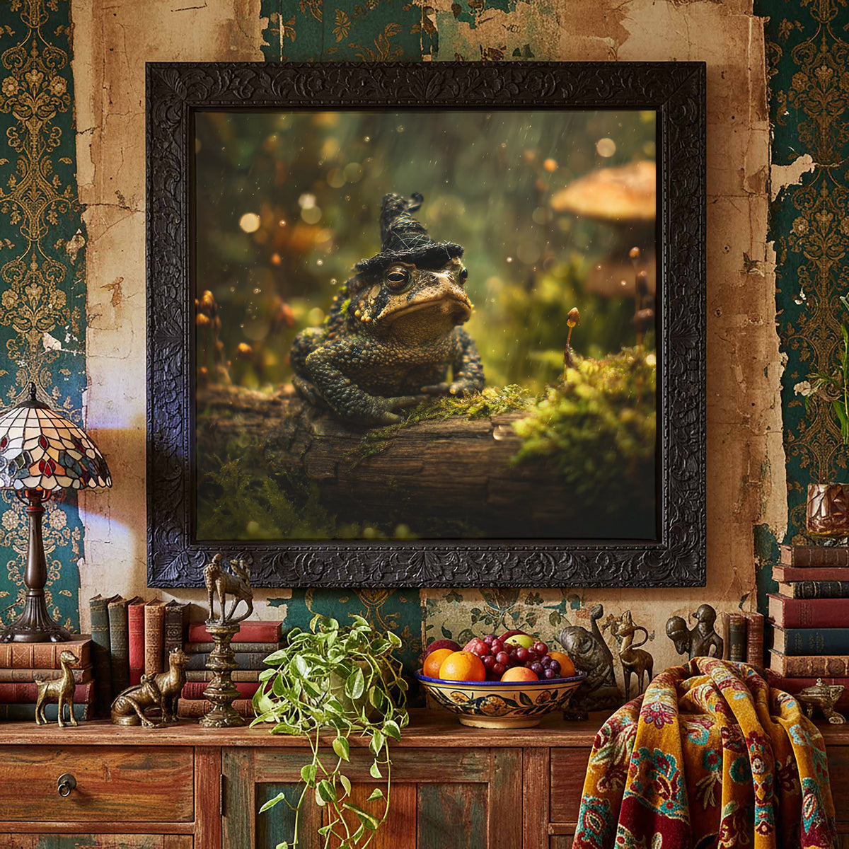 Grumpy Toad Witch Hat Canvas Print – styled room view 4