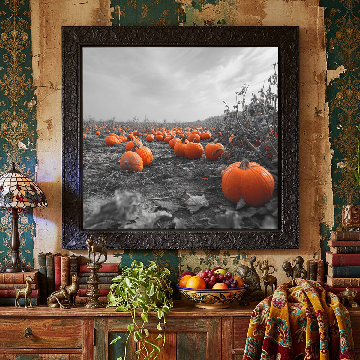 Autumn Pumpkin Field Wall Art – styled room view 5