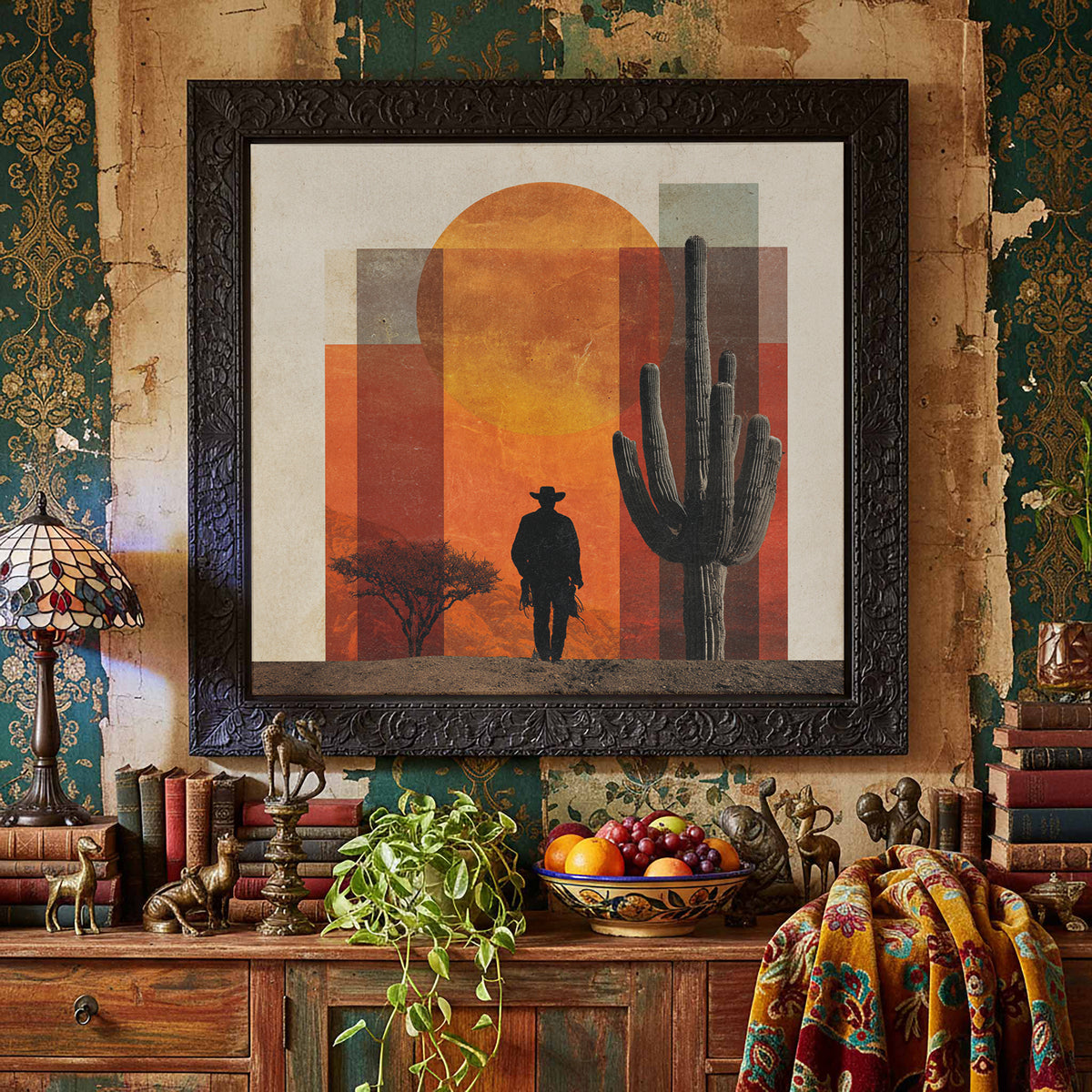 Western Desert Cowboy Canvas Wall Art – styled room view 2