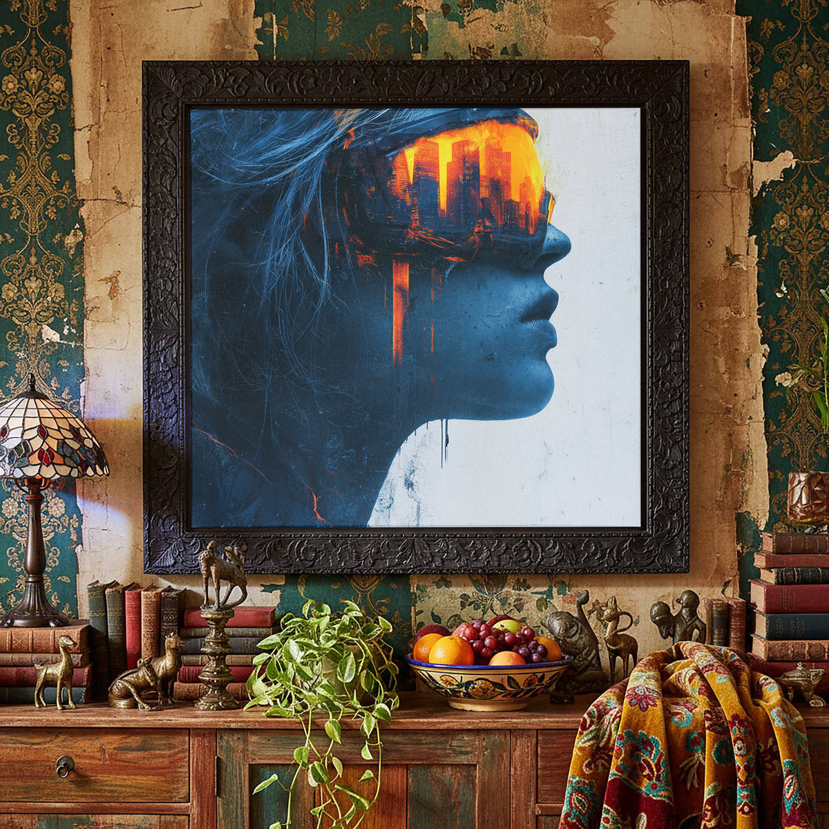Futuristic Woman Portrait Canvas – styled room view 3