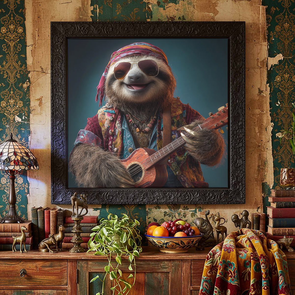 Hippie Sloth Guitar Canvas Art – styled room view 5