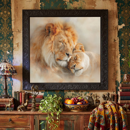 Lion Couple Canvas Art – styled room view 6