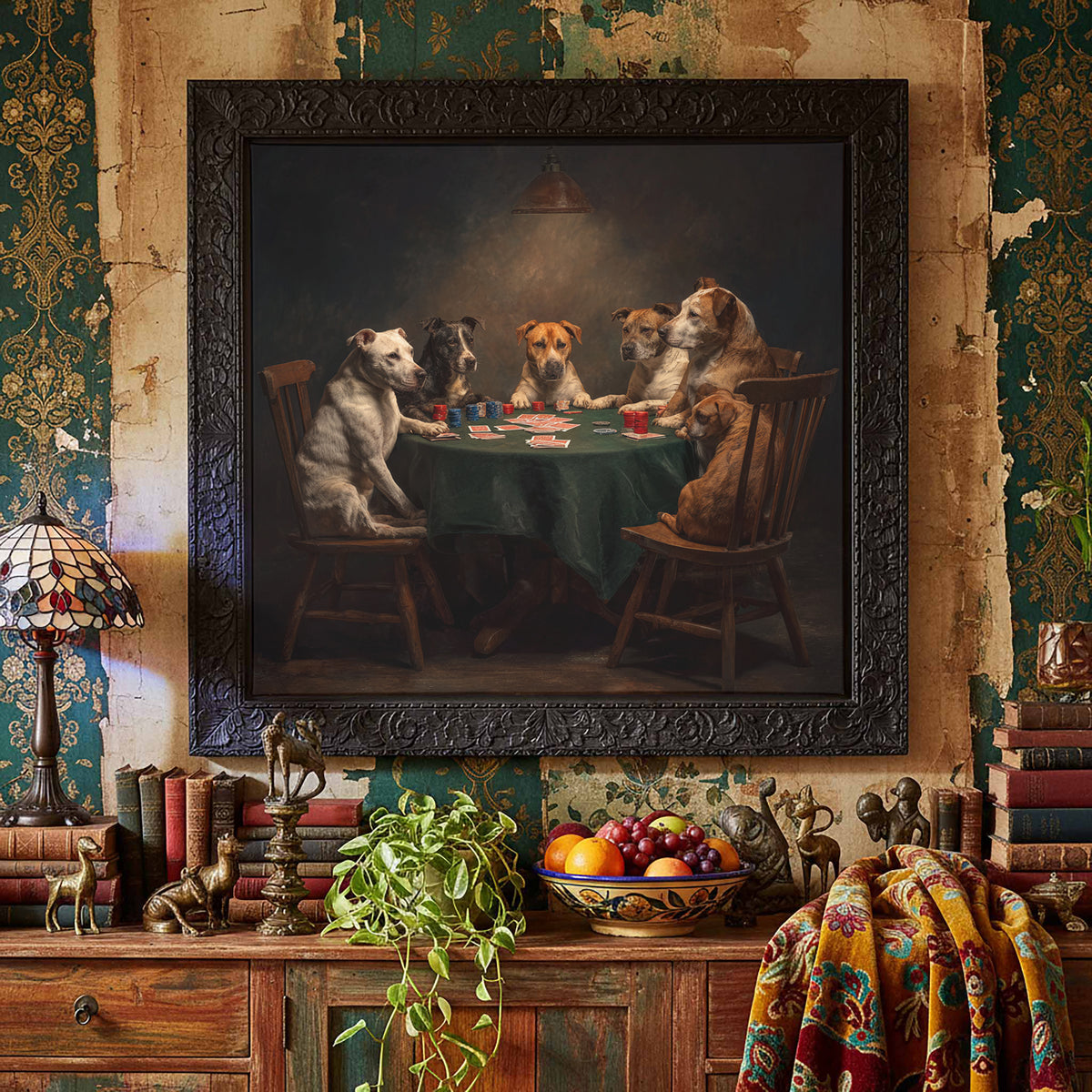 Dogs Playing Poker Canvas Wall Art – styled room view 6