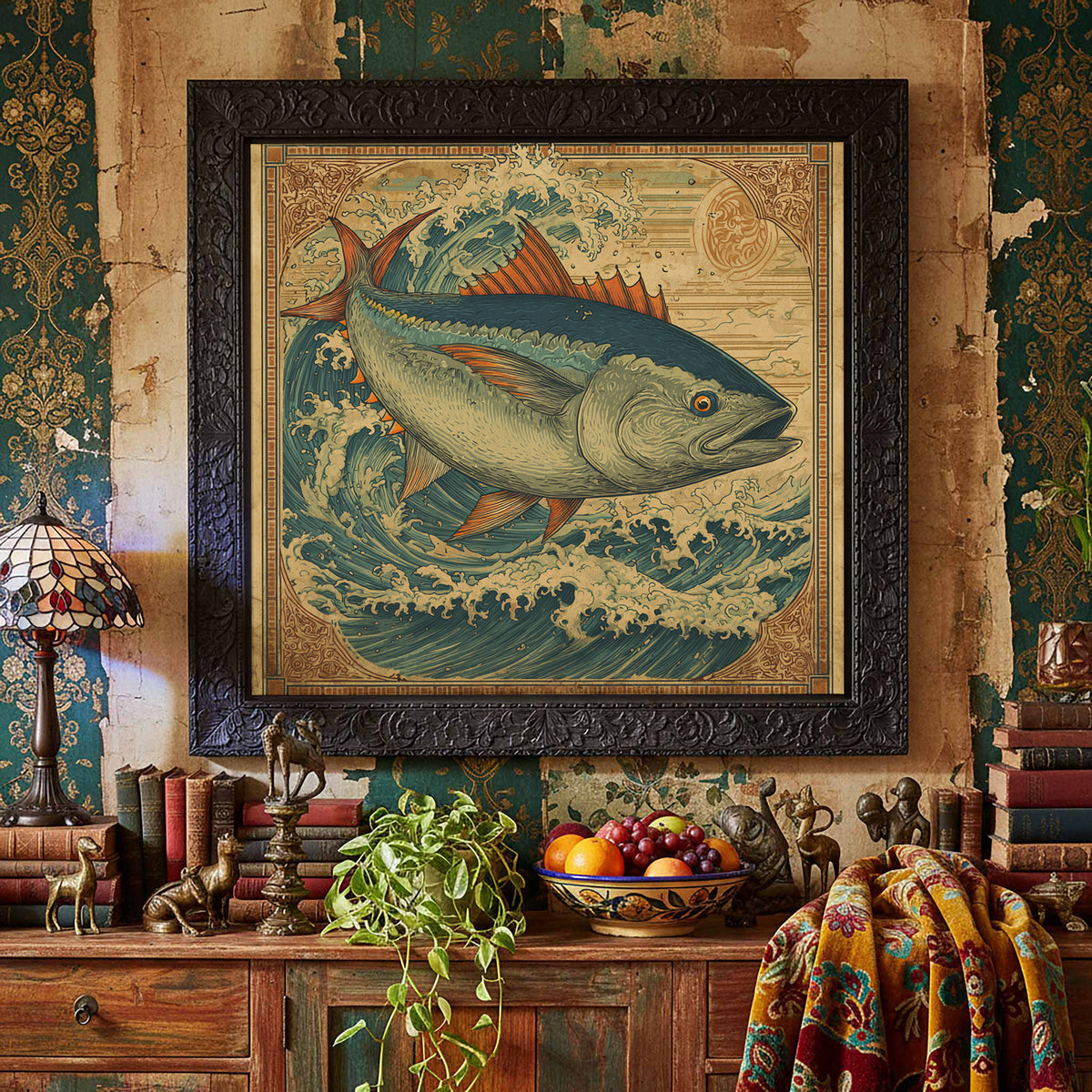 Vintage Tuna Ocean Wall Art – styled room view 5