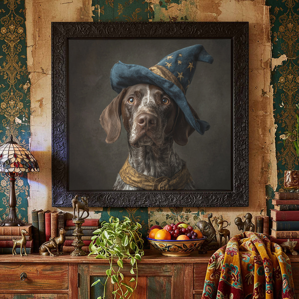 German Shorthaired Pointer Wizard Hat Canvas Wall Art Print – styled room view 5