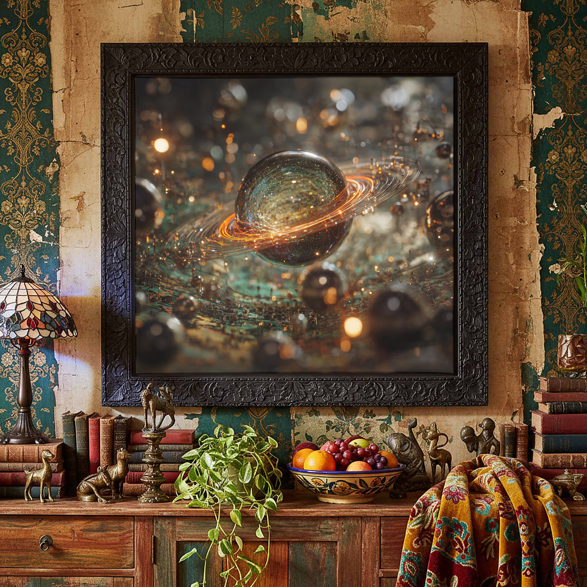 Abstract Saturn Planet Canvas Art – styled room view 4