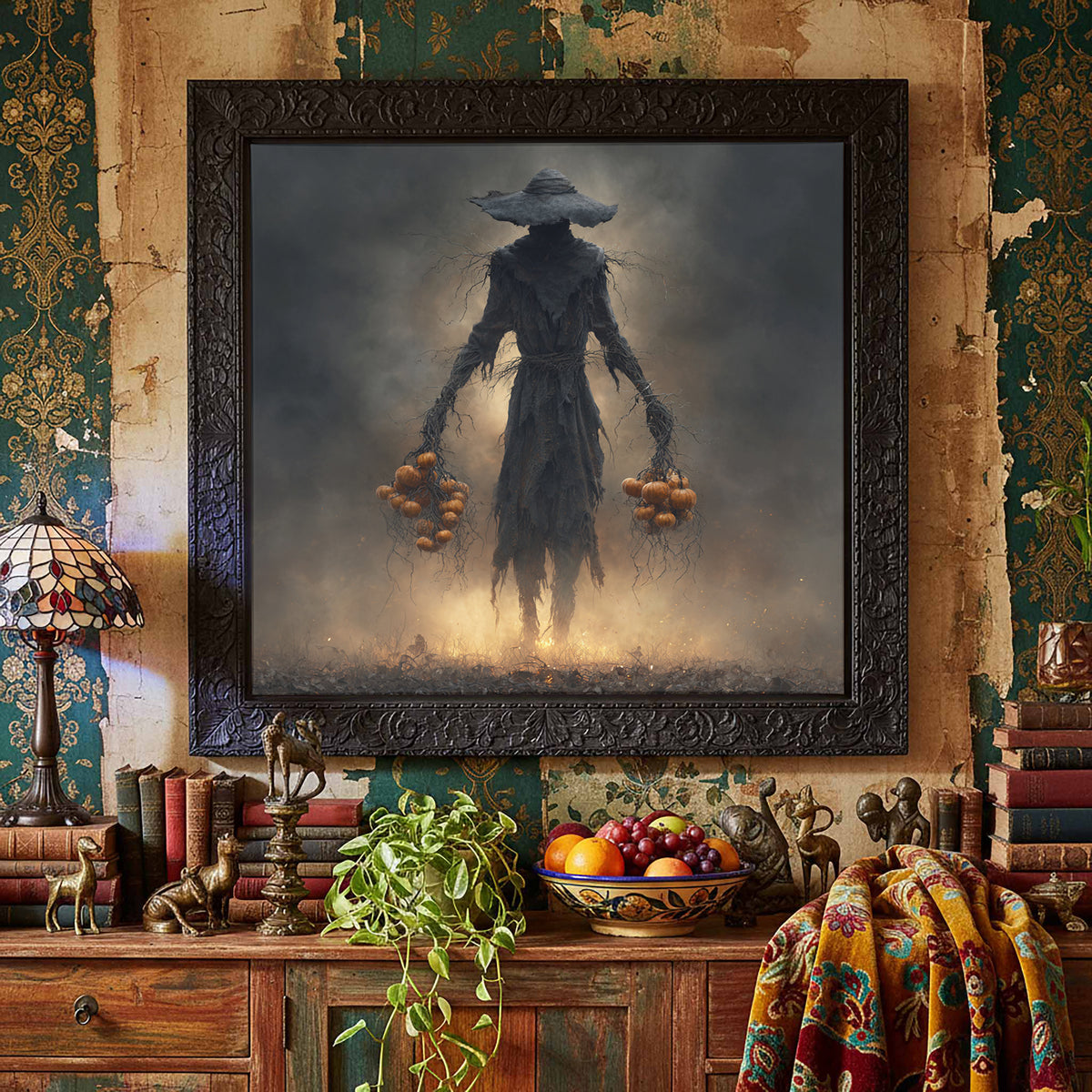 Dark Fantasy Scarecrow Canvas Art – styled room view 3