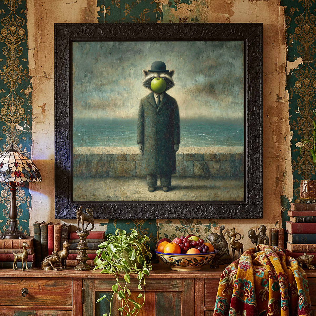Surreal Raccoon Canvas Art – styled room view 5