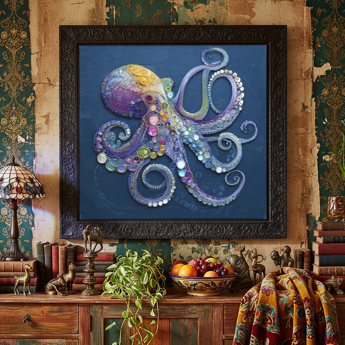 Decorative Octopus Canvas Wall Art – styled room view 5