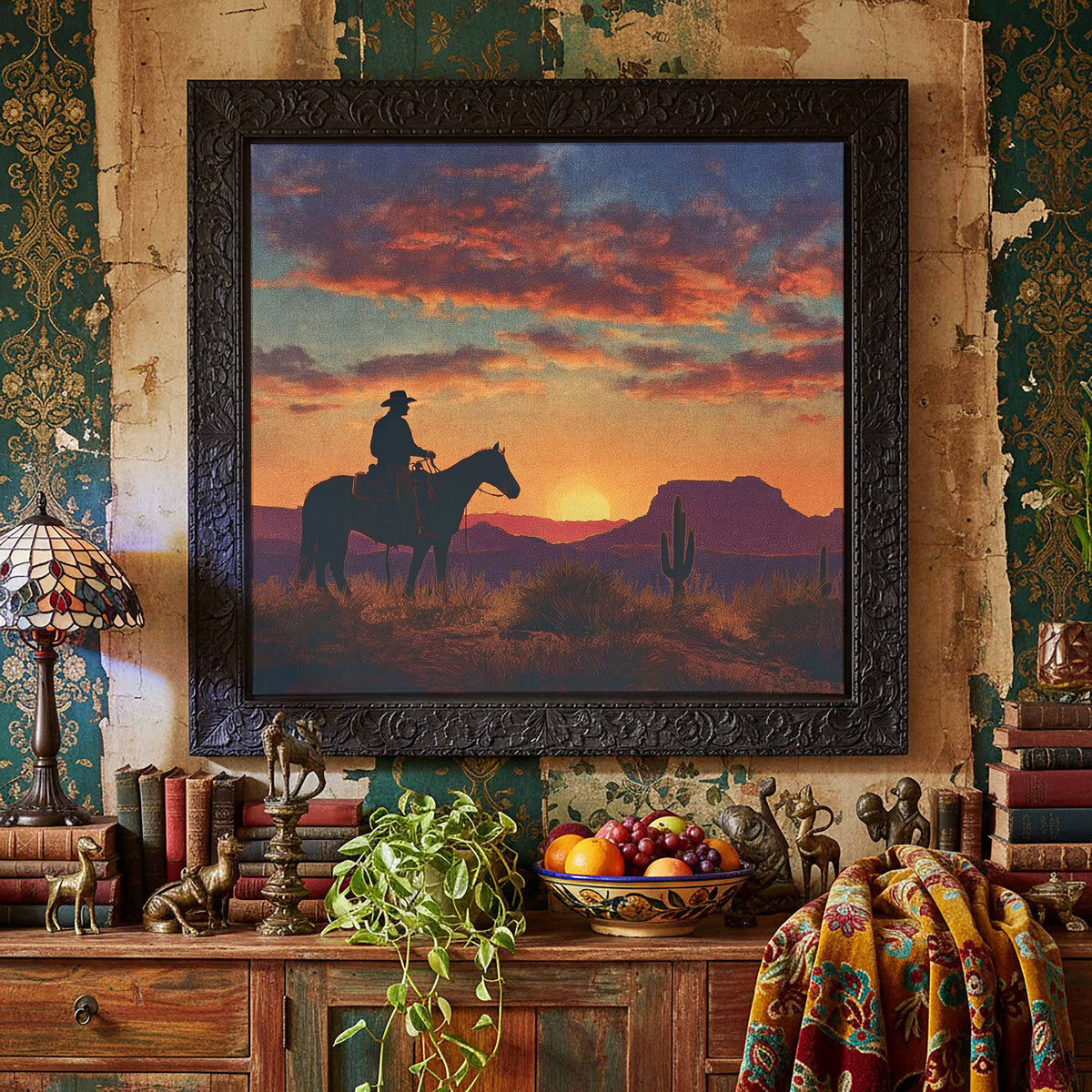 Western Cowboy Silhouette Canvas Art – styled room view 5