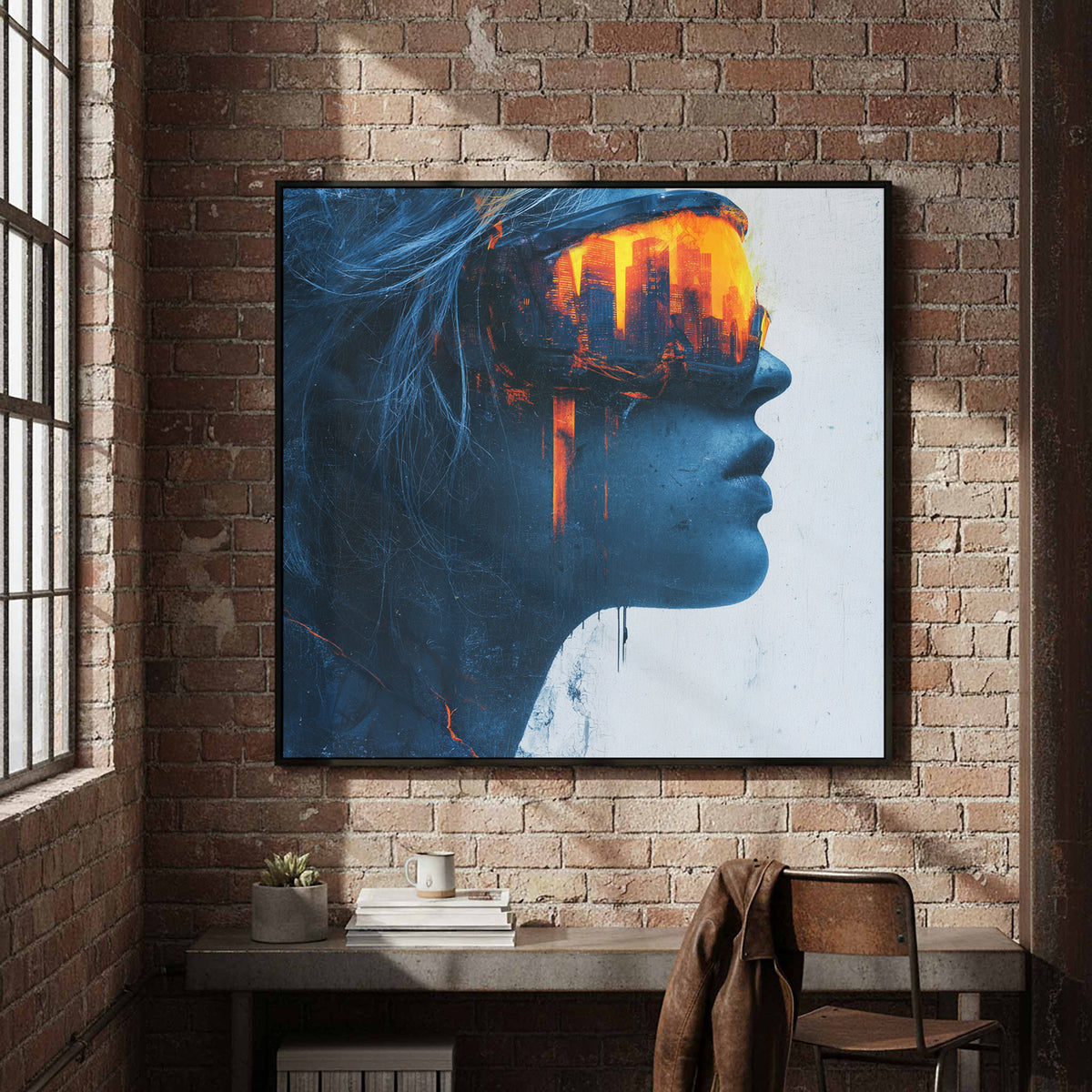 Futuristic Woman Portrait Canvas – styled room view 4
