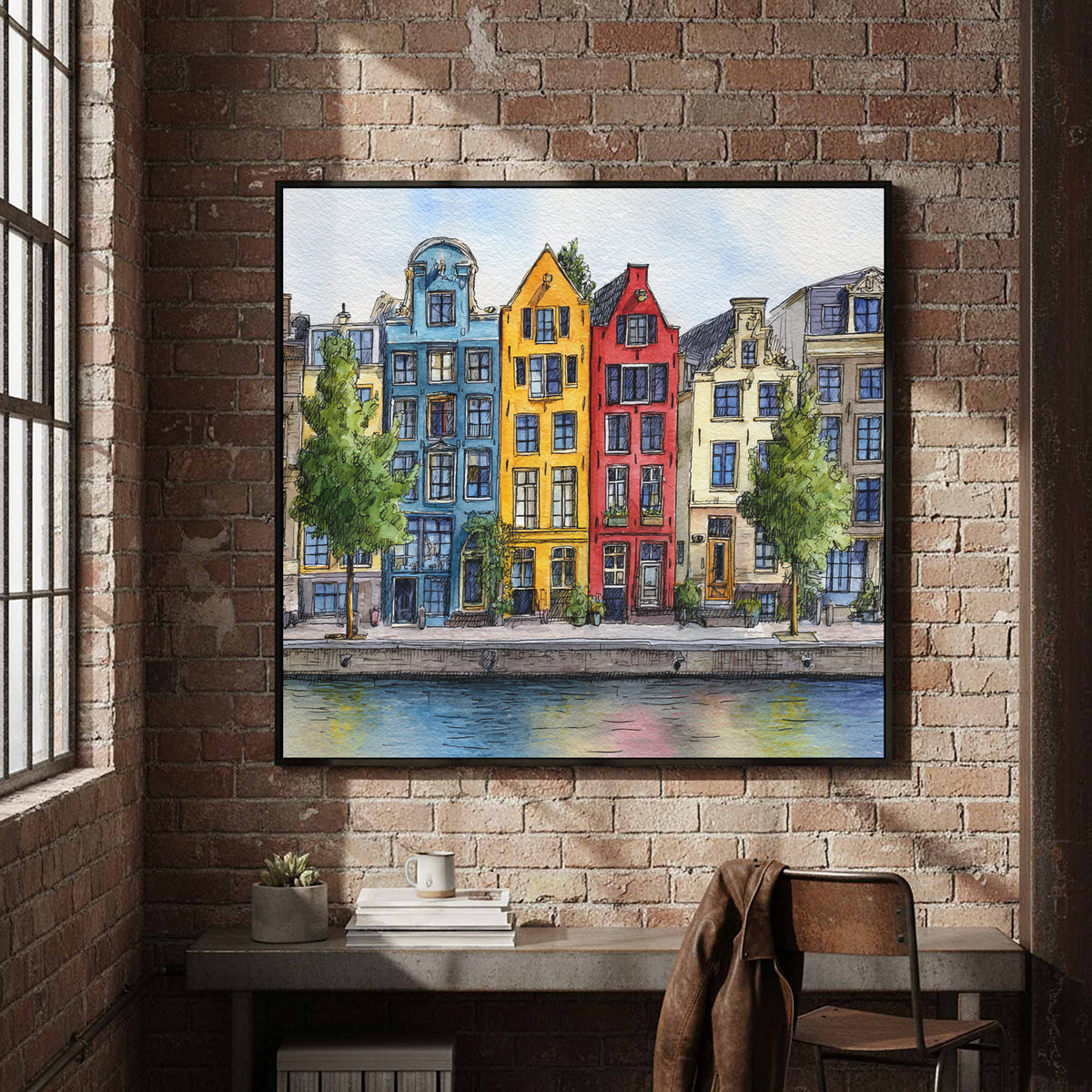 Amsterdam Canal Houses Watercolor Print – styled room view 4