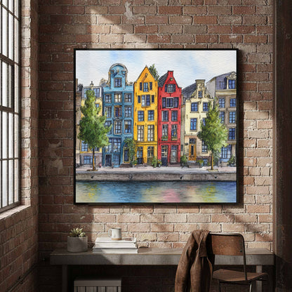 Amsterdam Canal Houses Watercolor Print – styled room view 4