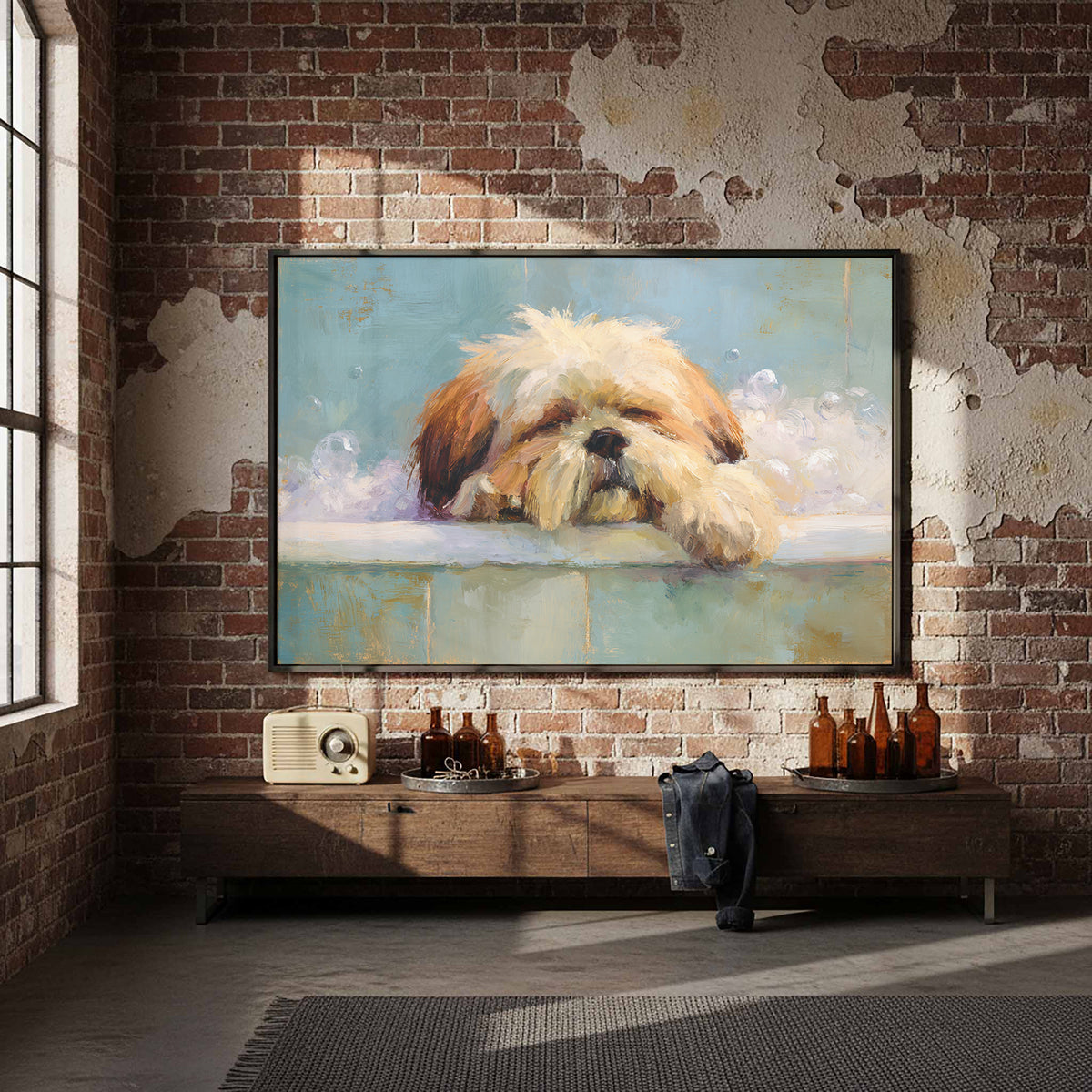 Relaxing Shih Tzu Bath Wall Art – styled room view 5