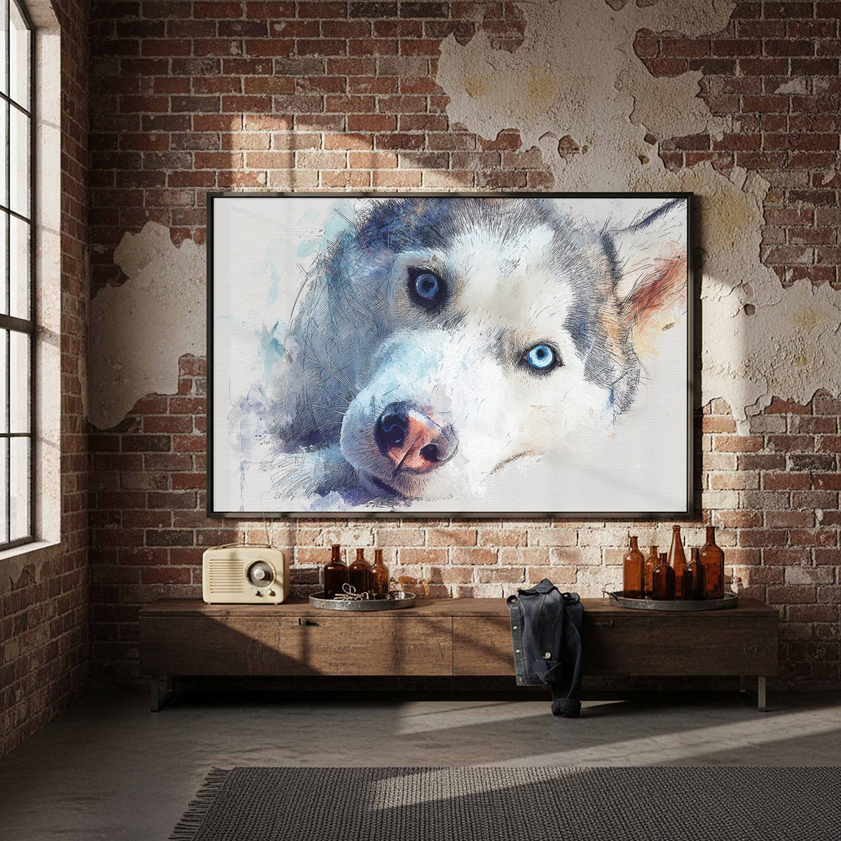 Siberian Husky Watercolor Canvas Print – styled room view 5
