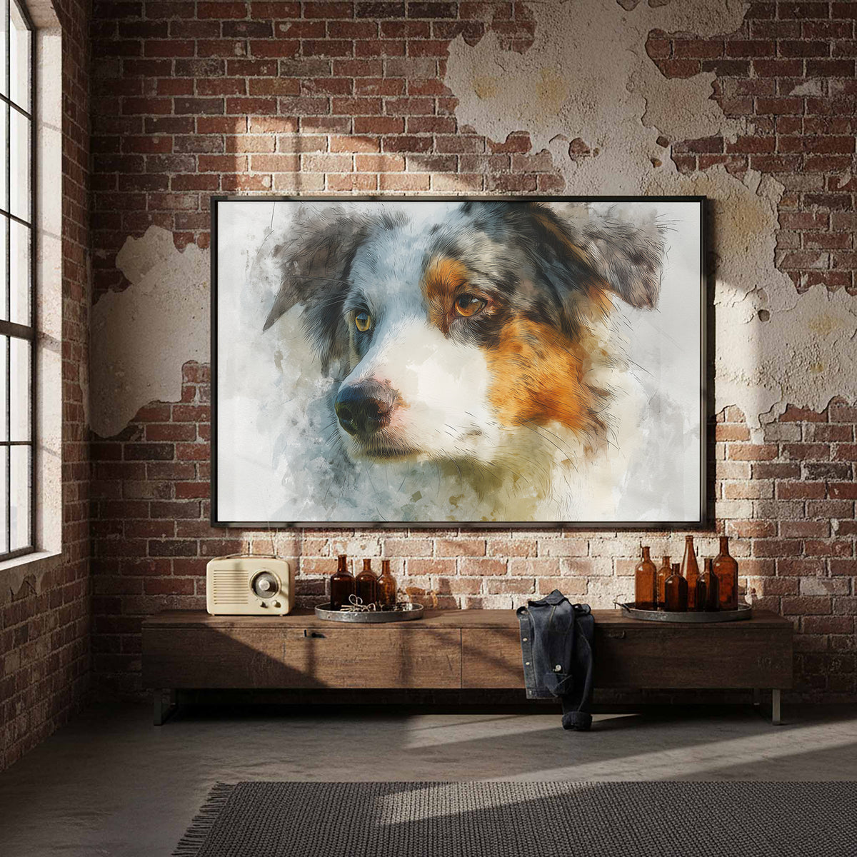 Australian Shepherd Portrait Wall Art – styled room view 4