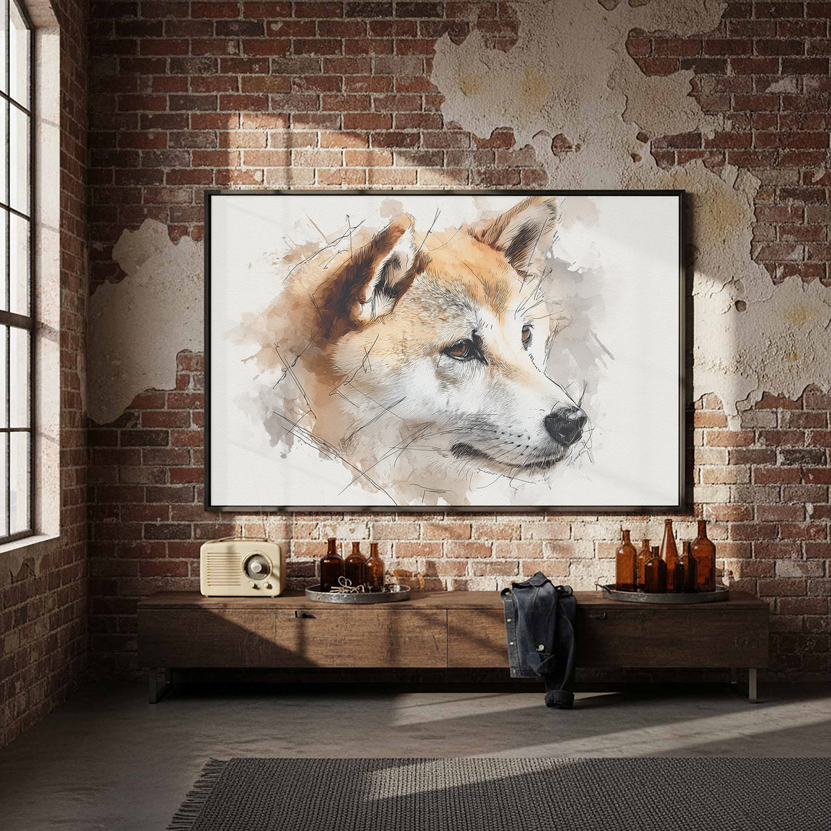 Shiba Inu Watercolor Canvas Print – styled room view 4