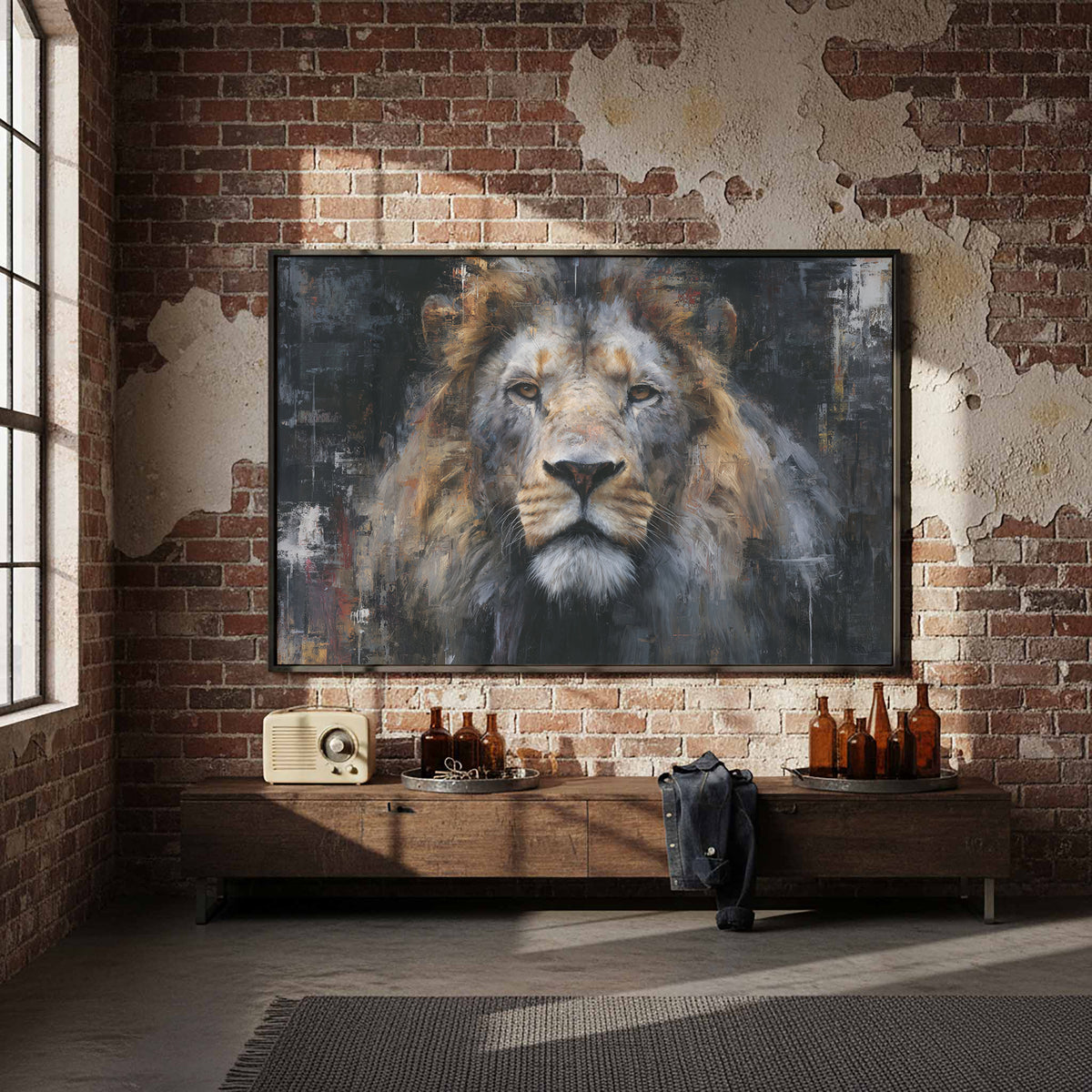 Modern Lion Portrait Canvas Wall Art – styled room view 5