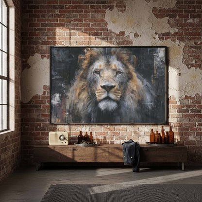 Modern Lion Portrait Canvas Wall Art – styled room view 5