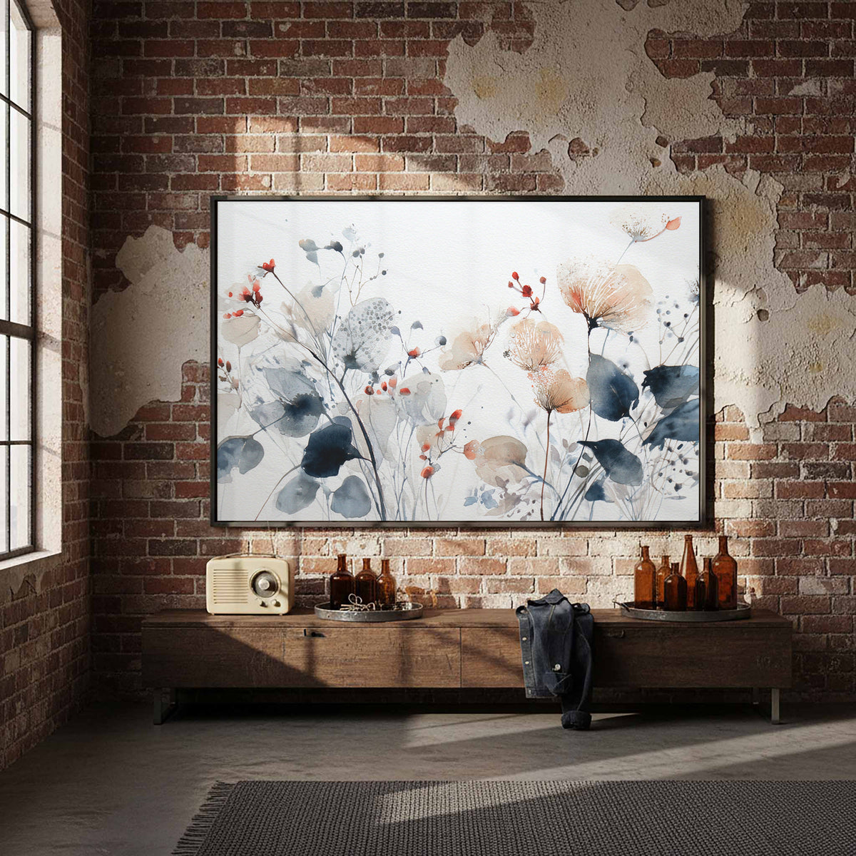 Abstract Watercolor Floral Wall Art – styled room view 5