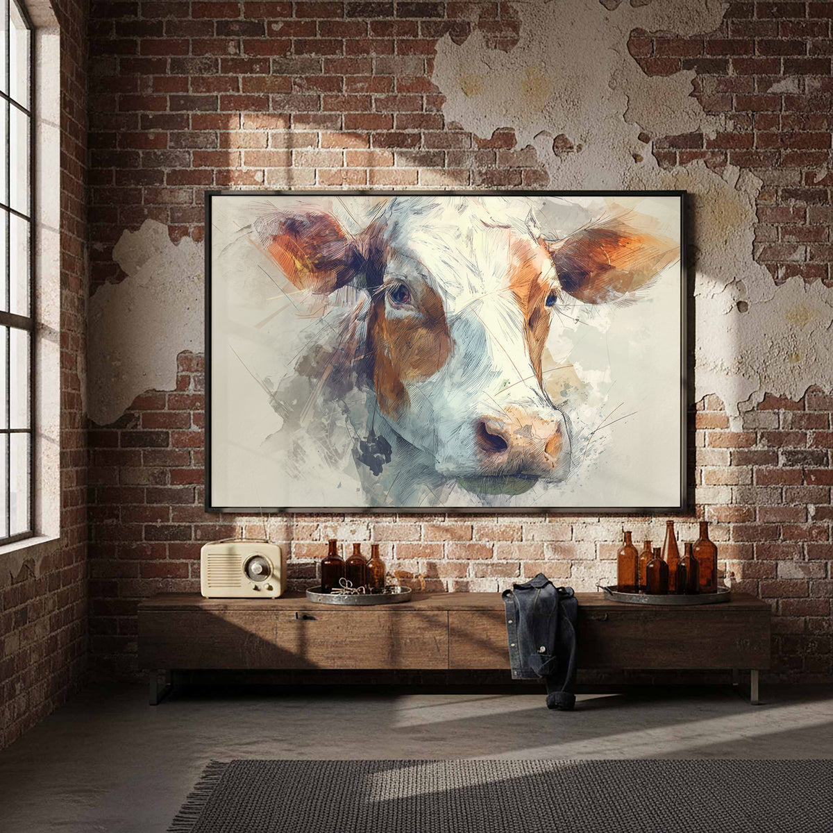 Cow Portrait Canvas Wall Art – styled room view 5