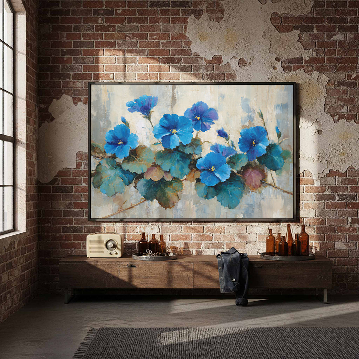 Blue Floral Canvas Wall Art – styled room view 5