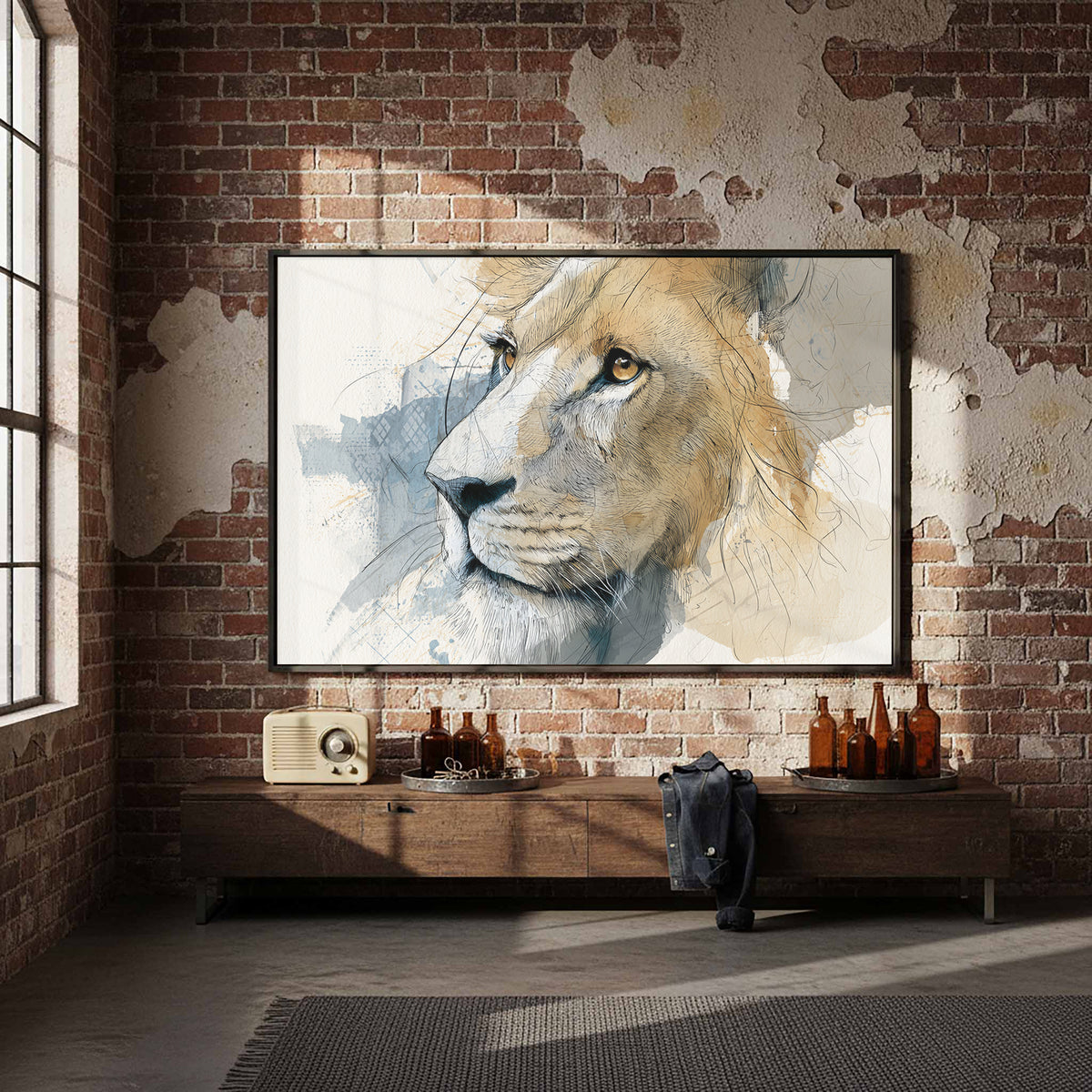 Lion Portrait Canvas Wall Art – styled room view 5