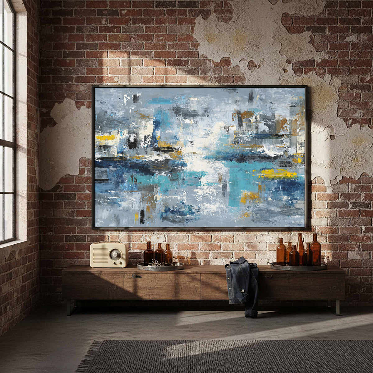Abstract Blue Gray Canvas Wall Art – styled room view 3