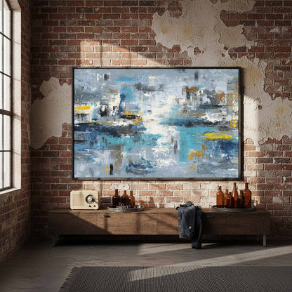 Abstract Blue Gray Canvas Wall Art – styled room view 3