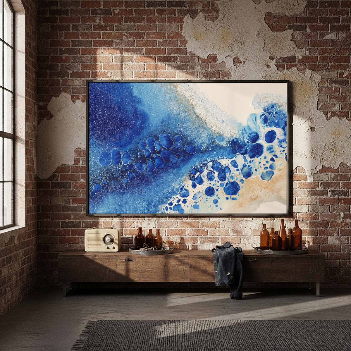 Abstract Blue Canvas Wall Art – styled room view 4