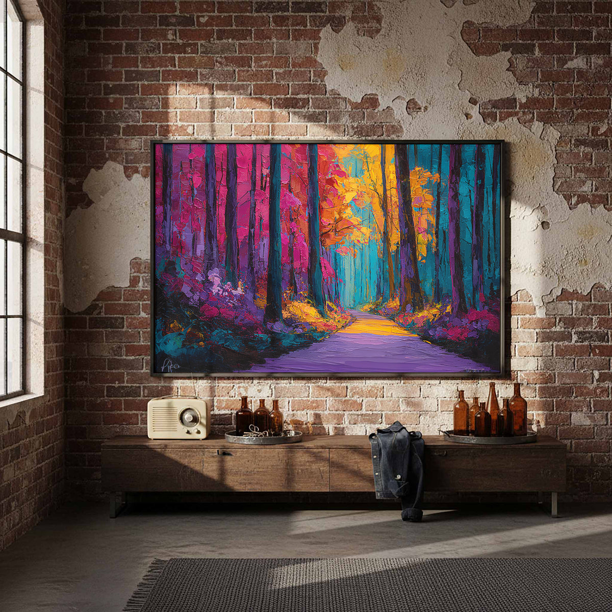 Abstract Forest Path Canvas Art – styled room view 5