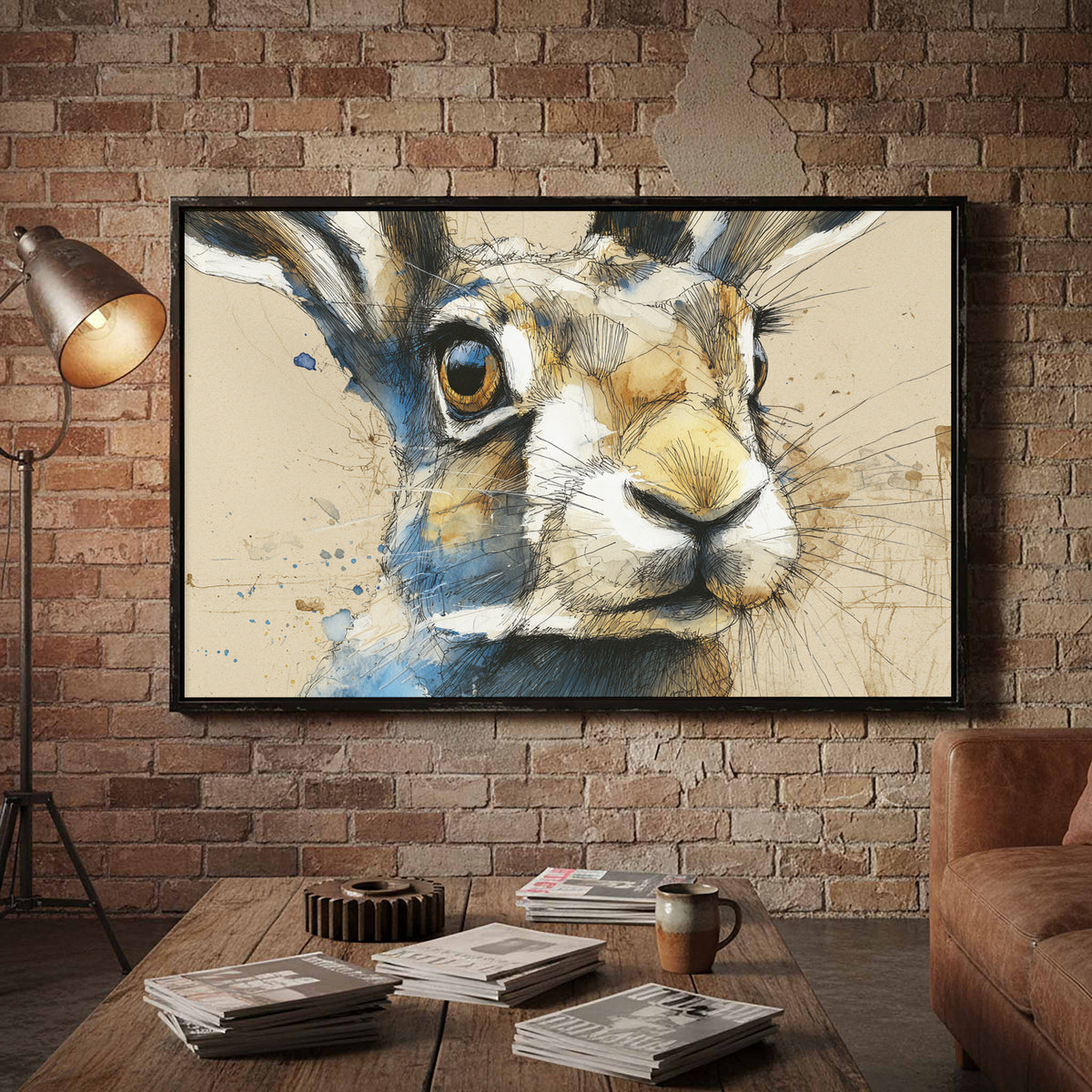 Watercolor Rabbit Portrait Canvas Print – styled room view 4