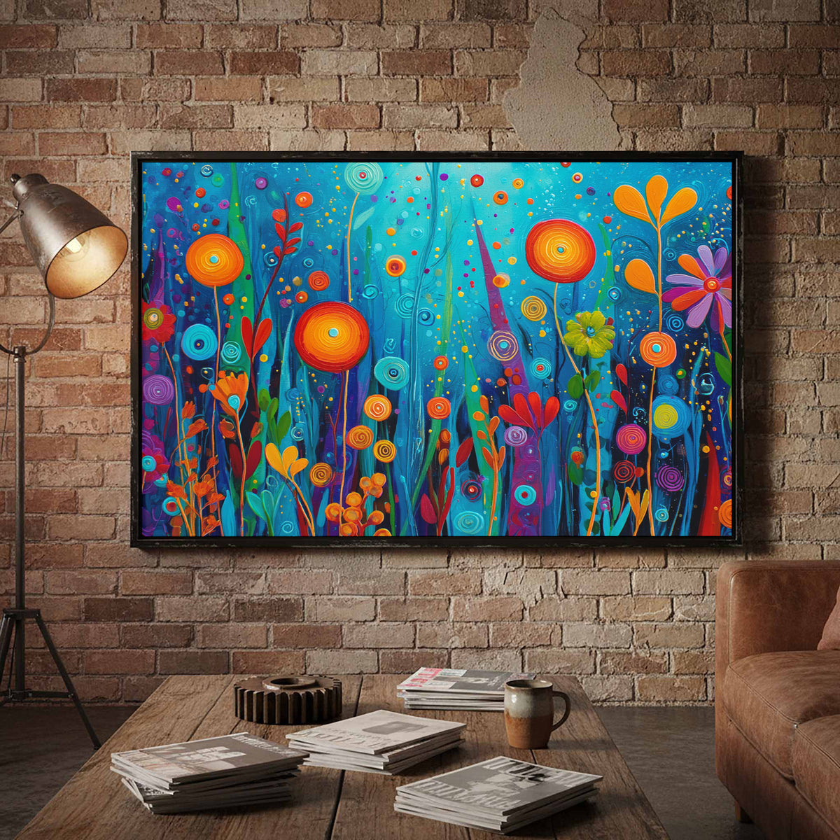 Colorful Abstract Garden Canvas Art – styled room view 5