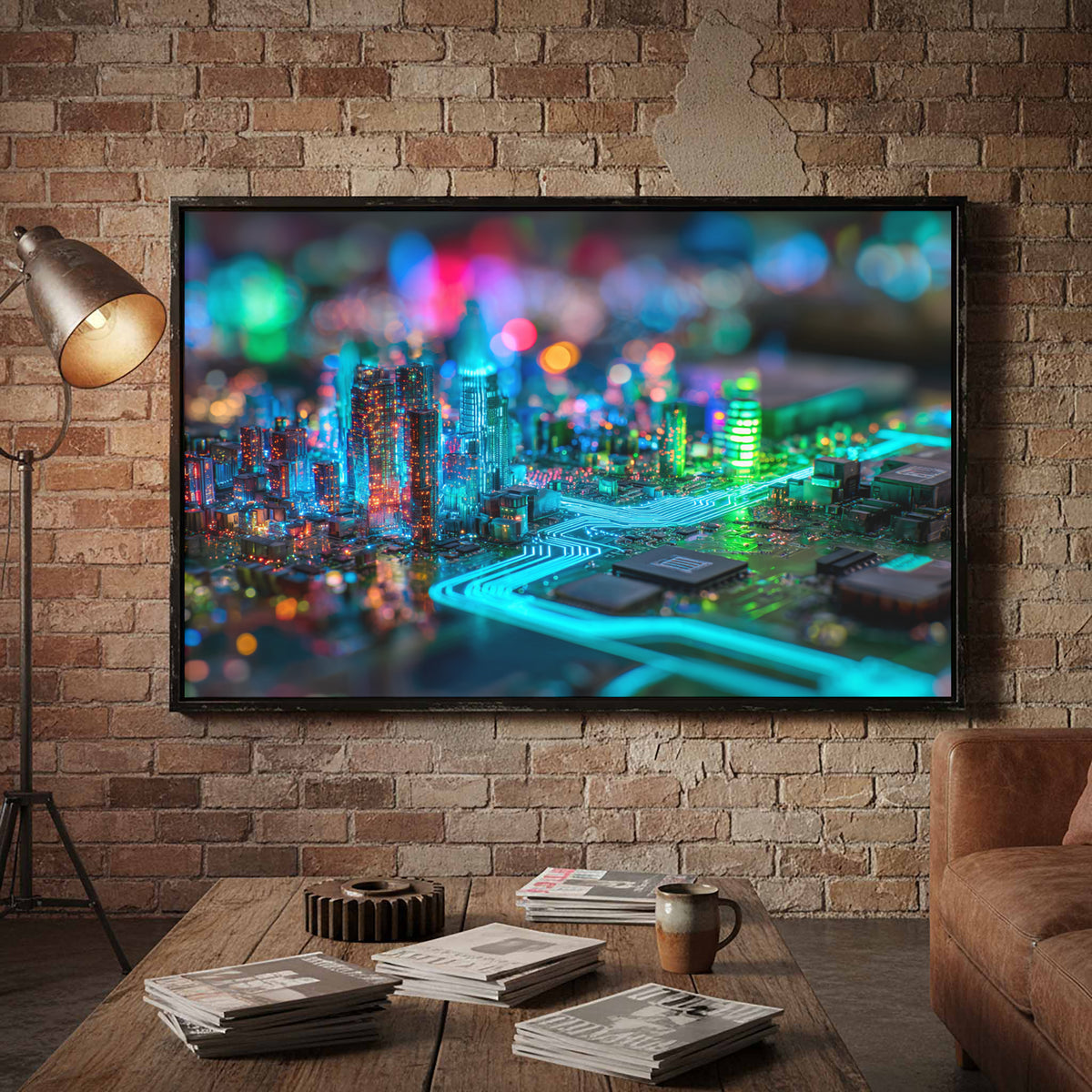 Cyberpunk Circuit Board Canvas Print – styled room view 2