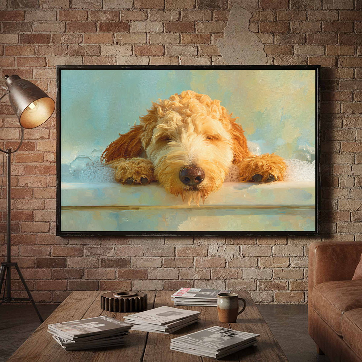 Goldendoodle Bath Time Canvas Print – styled room view 5