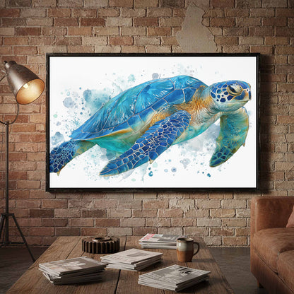 Blue Sea Turtle Watercolor Canvas Print – styled room view 5