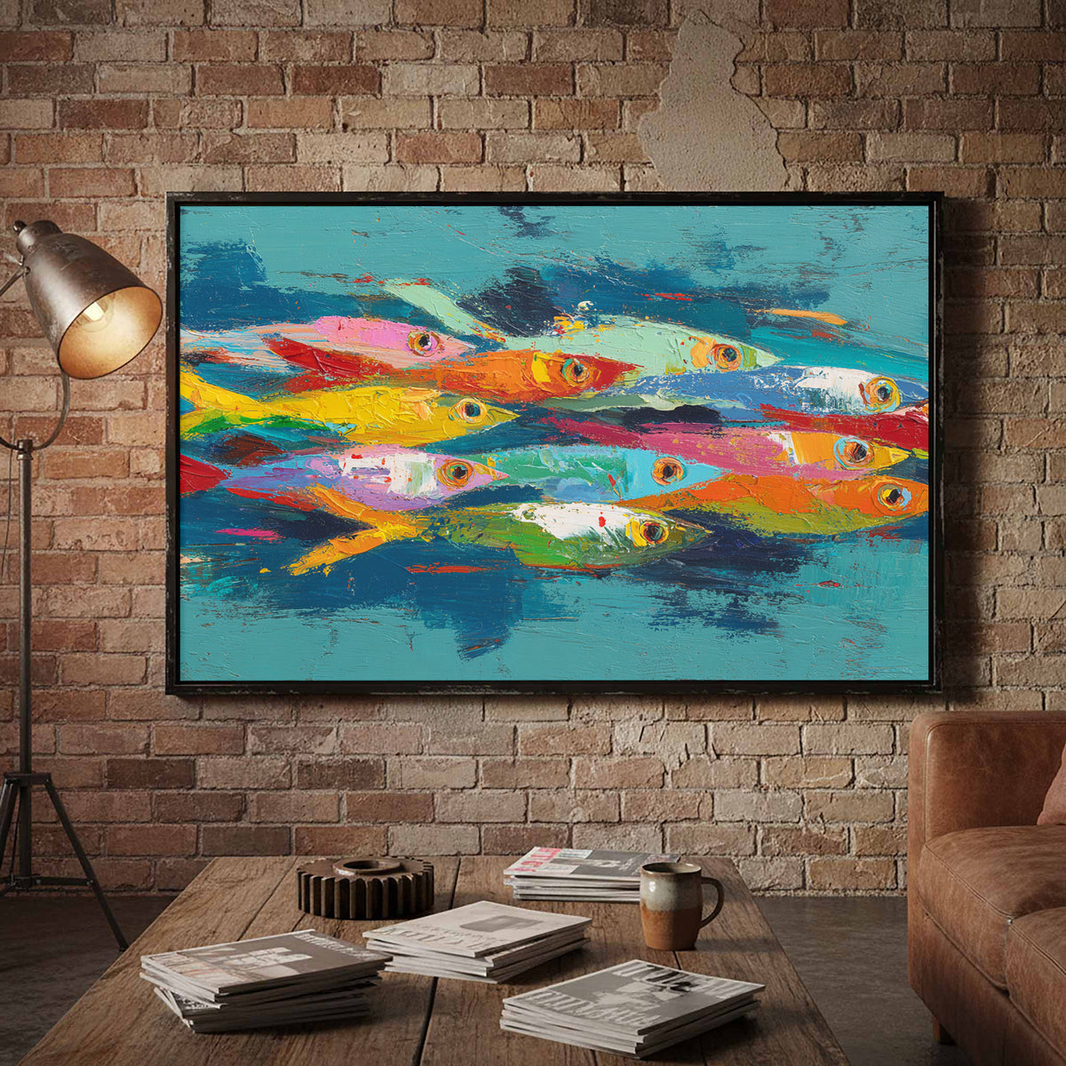 Abstract Fish School Canvas Art – styled room view 5