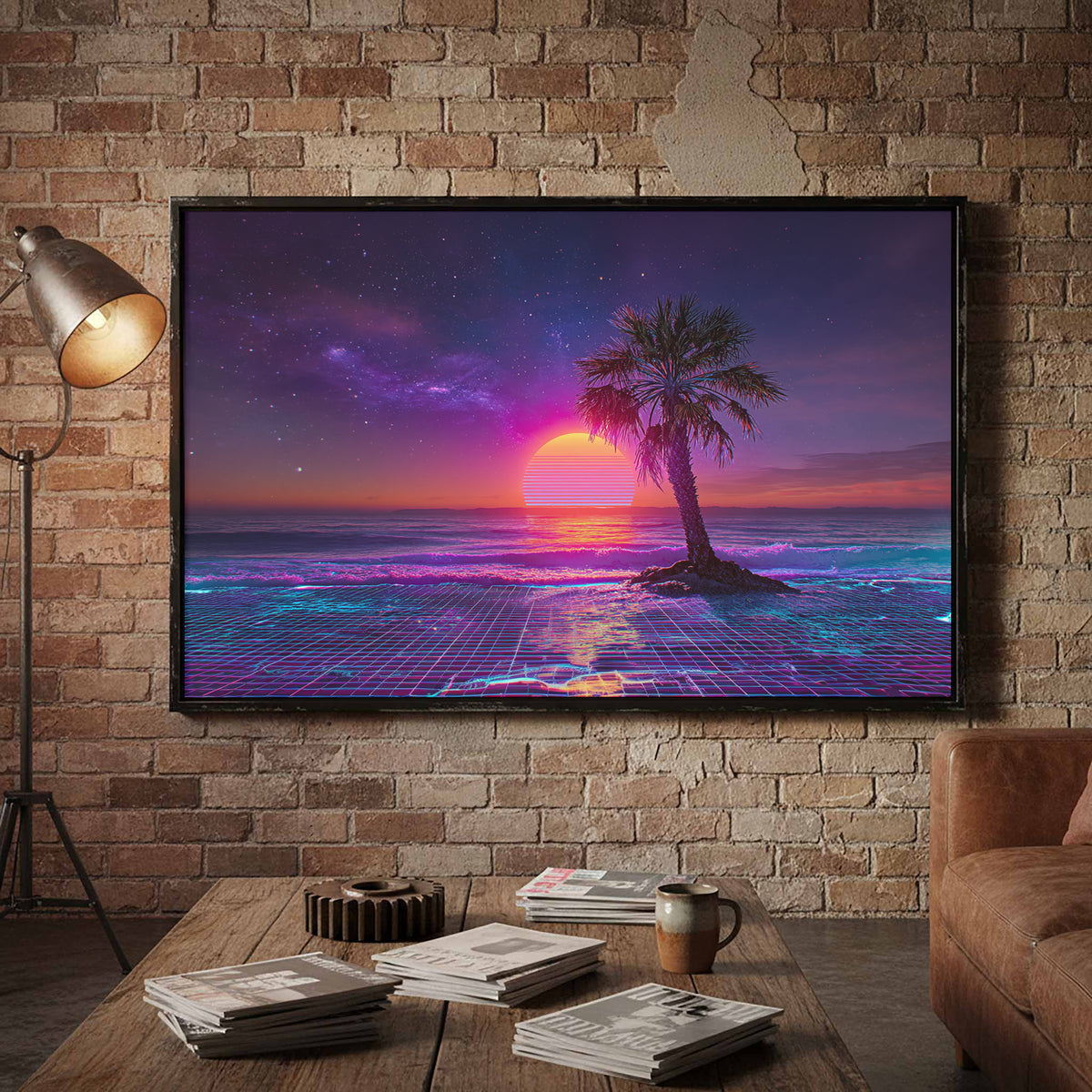 Synthwave Palm Beach Canvas Print – styled room view 3