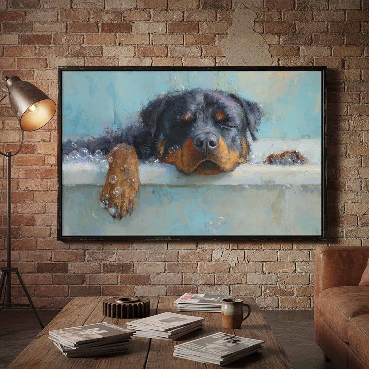 Rottweiler Bath Time Art Print – styled room view 5