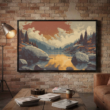 Mountain Lake Sunset Canvas Print – styled room view 4
