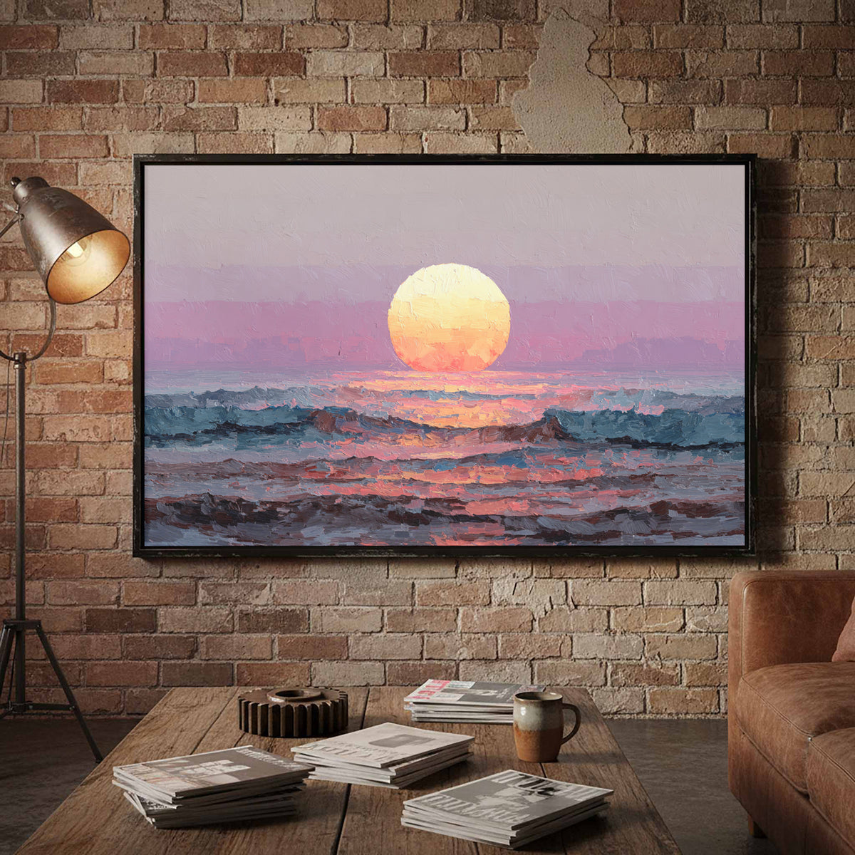 Vintage Coastal Sunset Canvas Wall Art – styled room view 4