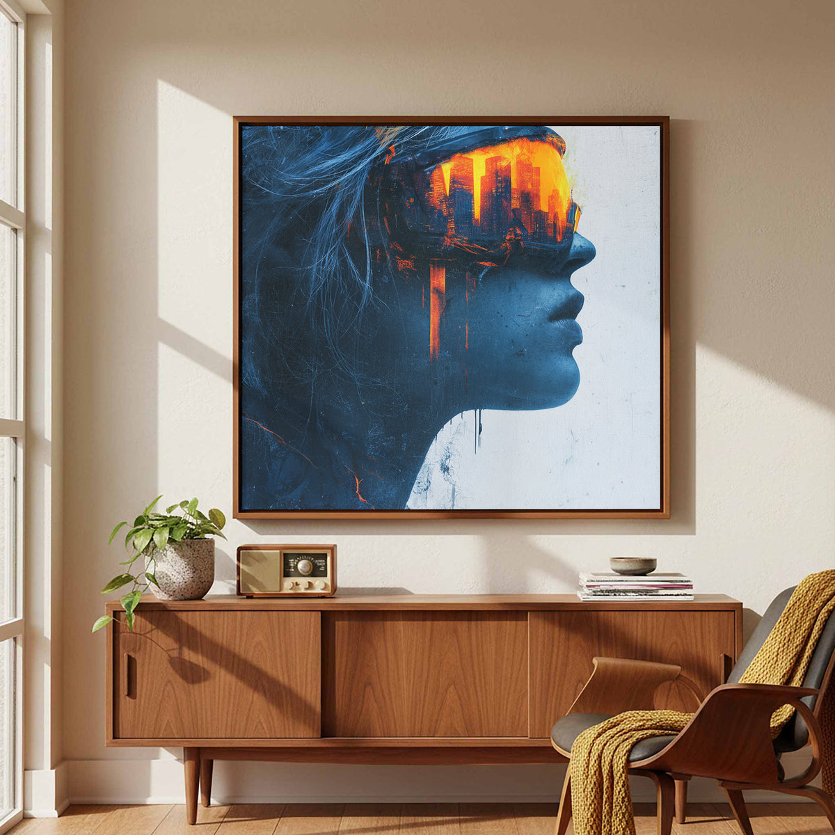 Futuristic Woman Portrait Canvas – styled room view 5