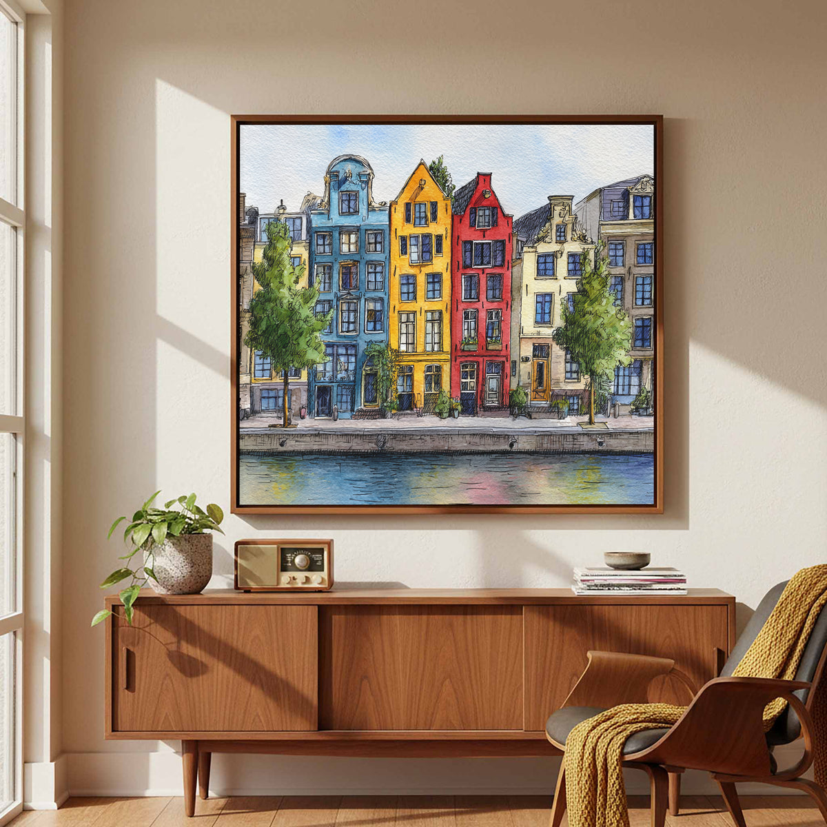 Amsterdam Canal Houses Watercolor Print – styled room view 5