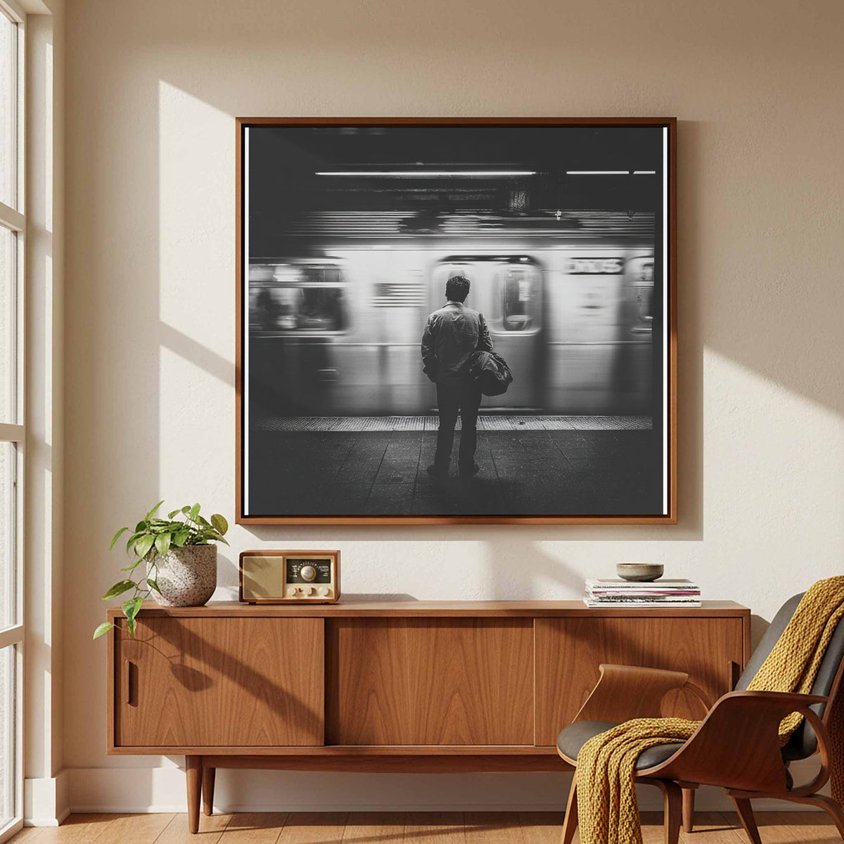 Black &amp; White NYC Subway Wall Art – styled room view 5