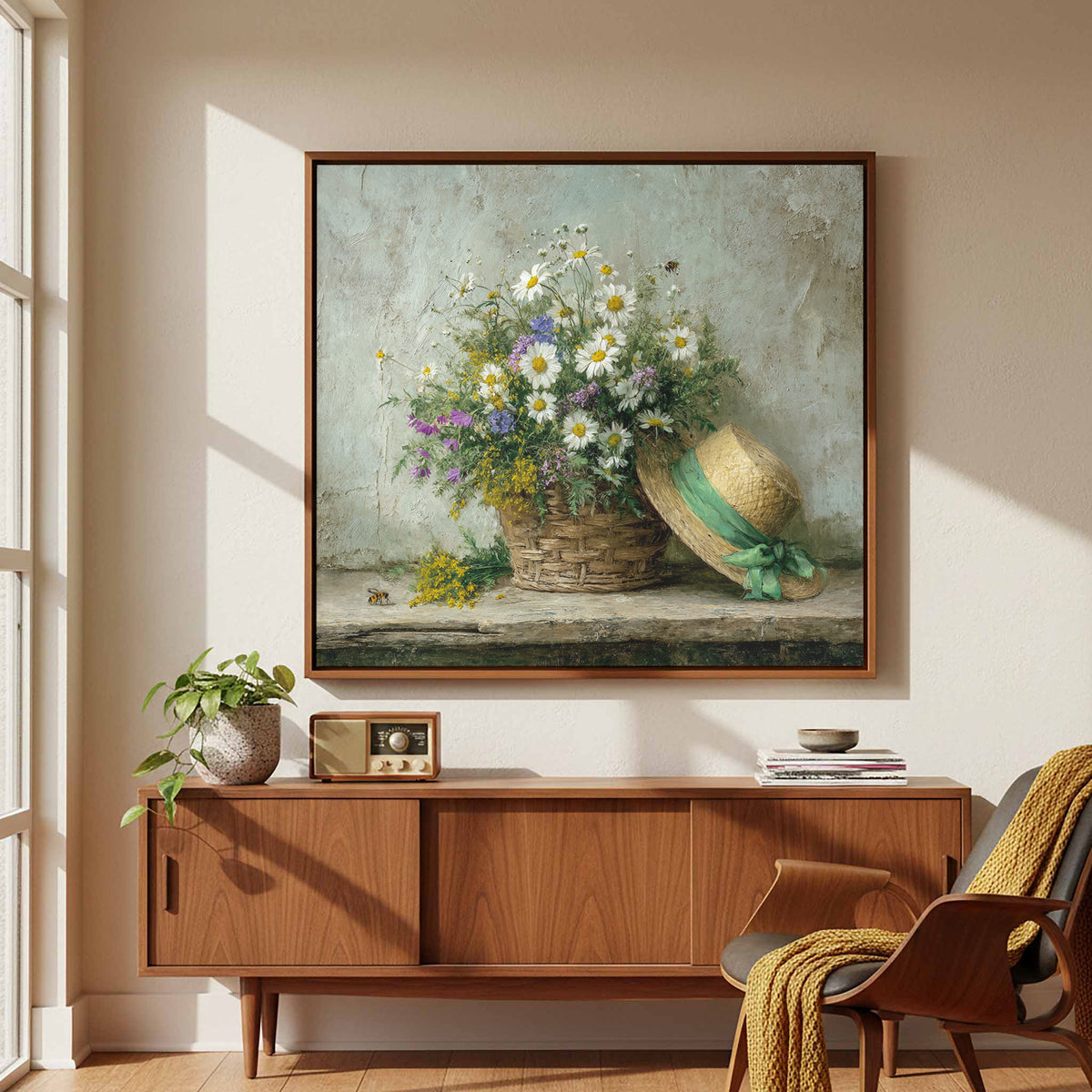 Rustic Wildflower Basket Canvas Art – styled room view 4