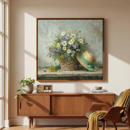 Rustic Wildflower Basket Canvas Art – styled room view 4