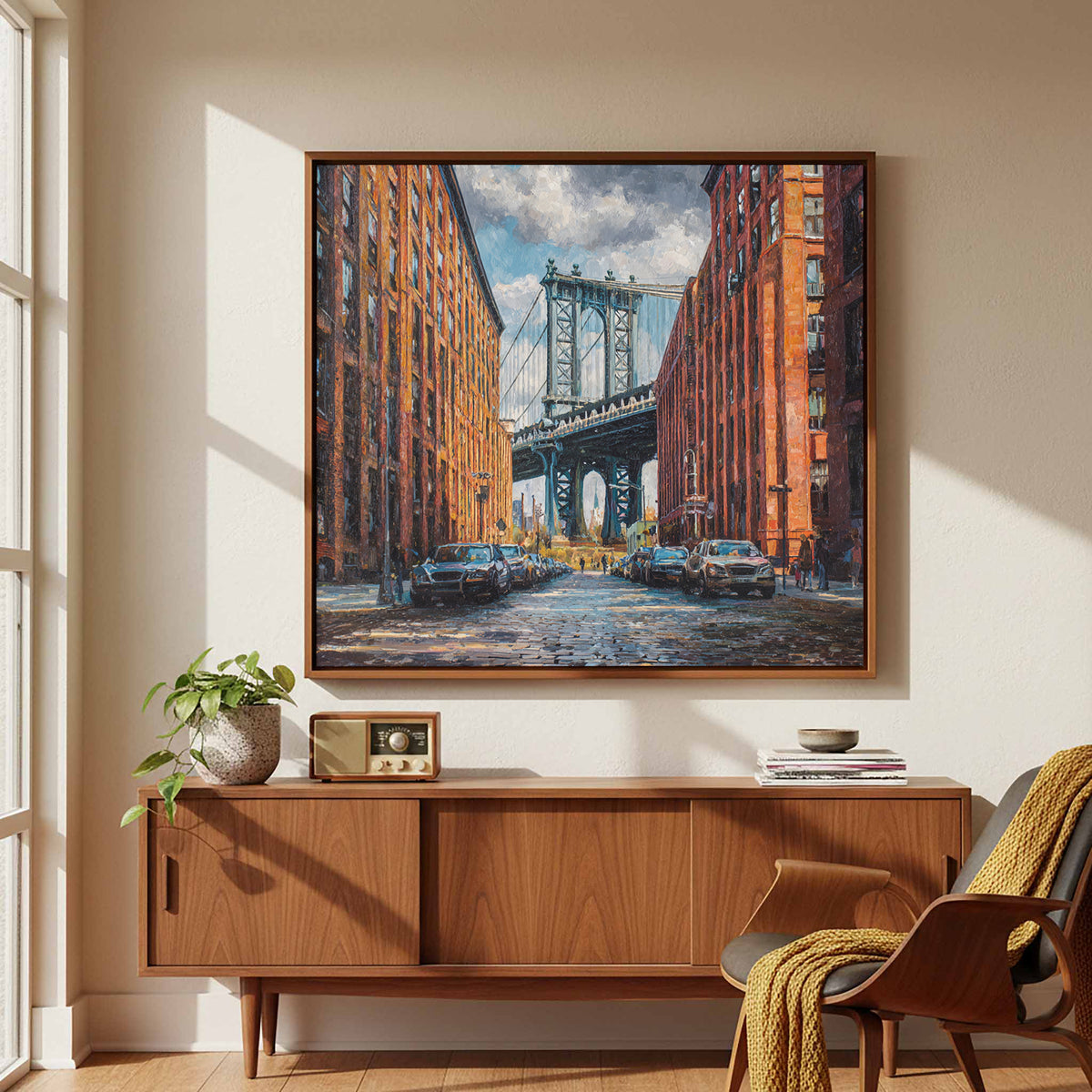 Manhattan Bridge DUMBO Brooklyn Canvas Art – styled room view 5
