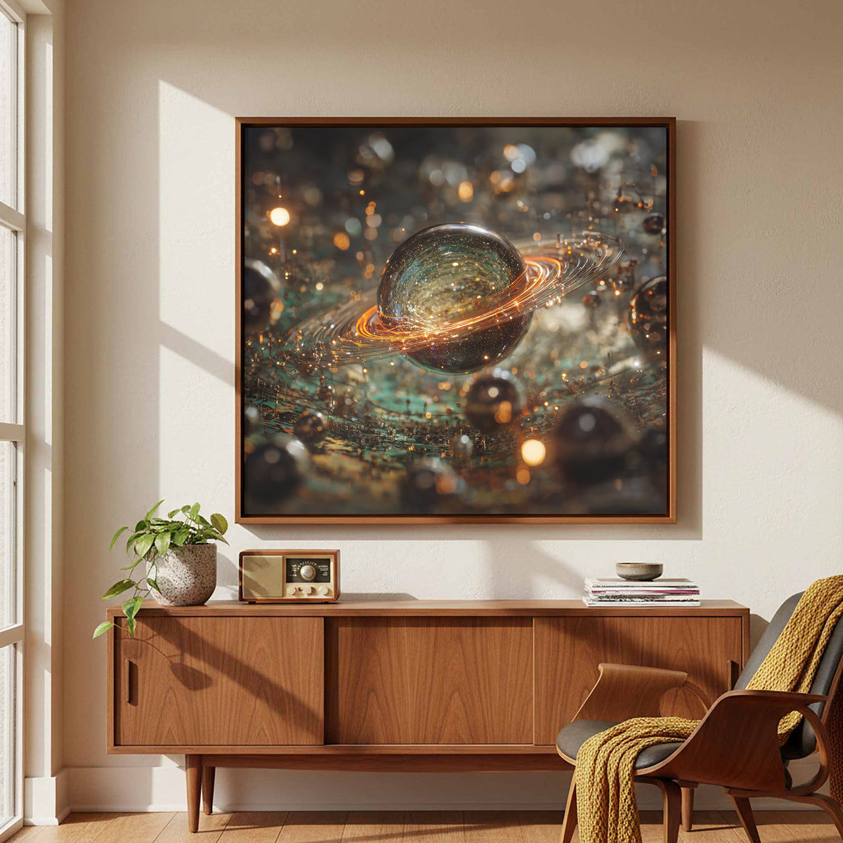 Abstract Saturn Planet Canvas Art – styled room view 5