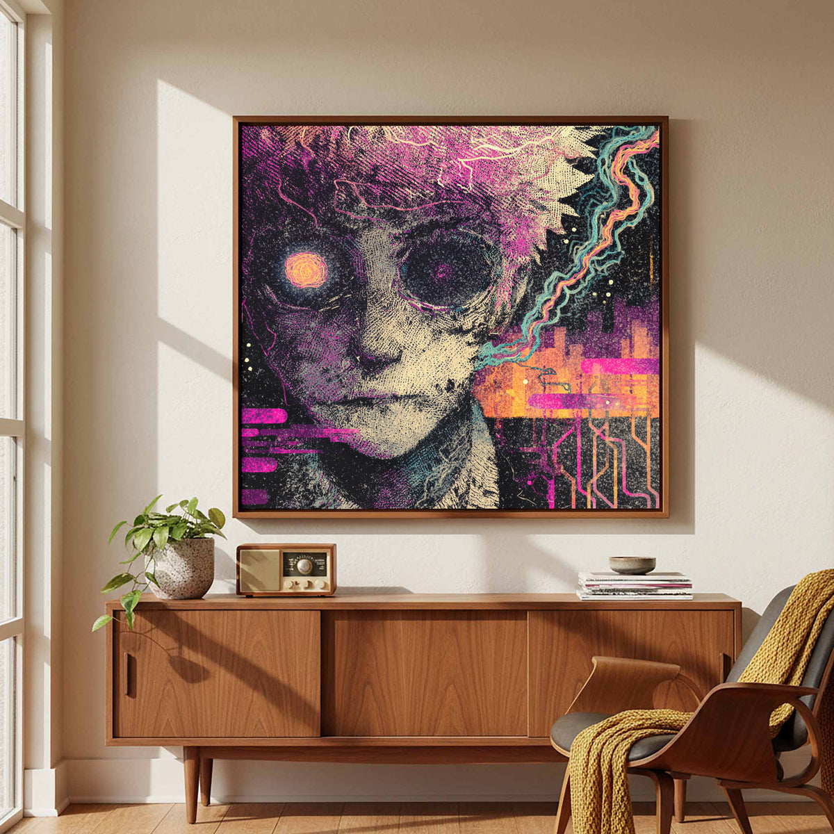 Surreal Cyberpunk Face Canvas Wall Art – styled room view 5