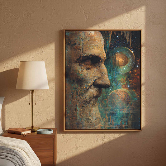 Ancient Tech Portrait Canvas – canvas print shown framed in a styled room